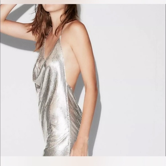 ๐คBLACK FRIDAY SALE๐ค EXPRESS silver chainmail metal mesh halter dress M - Picture 4 of 12
